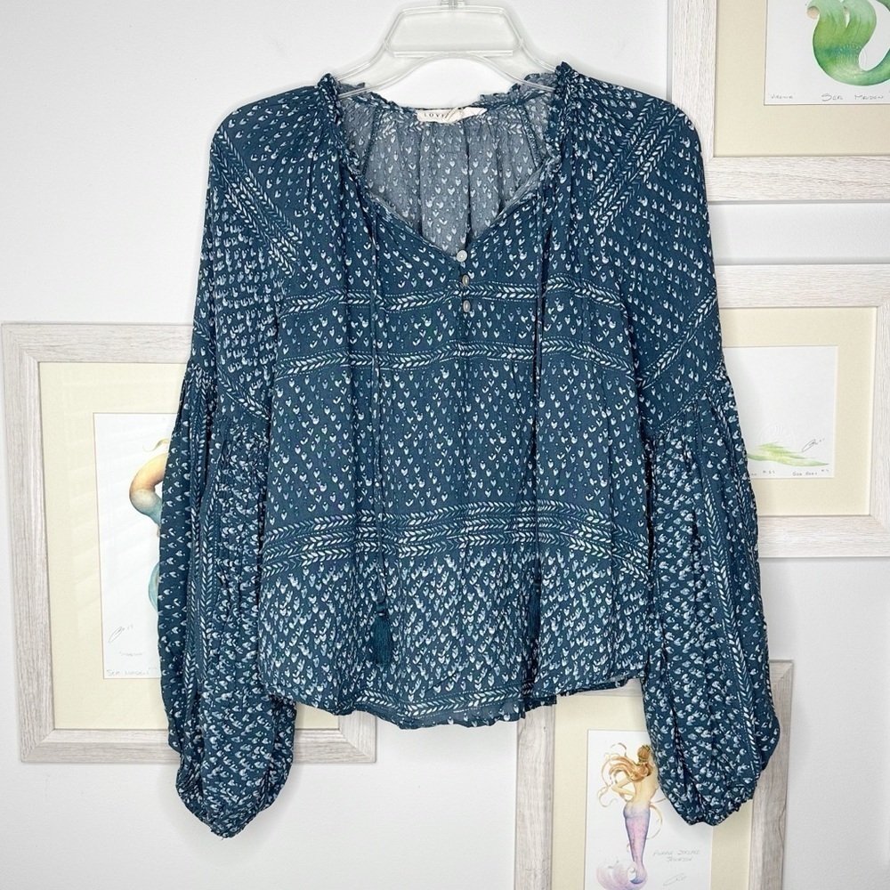 Lovestitch Teal & White Long Balloon Sleeve Peasant Top Women’s Size Small